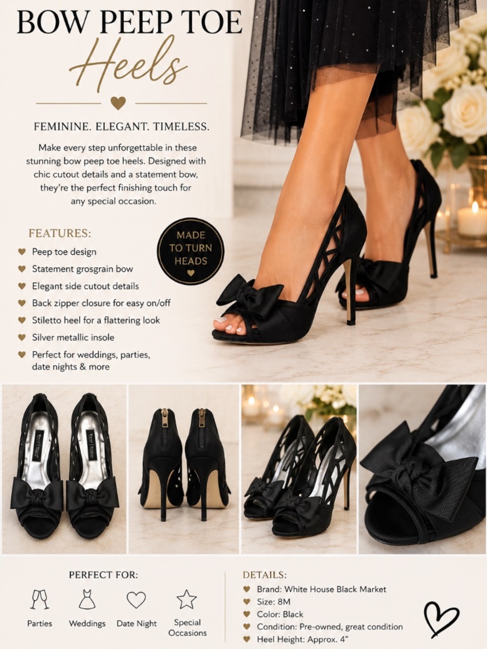White House Black Market Black Bow Peep Toe Heels Size 8M